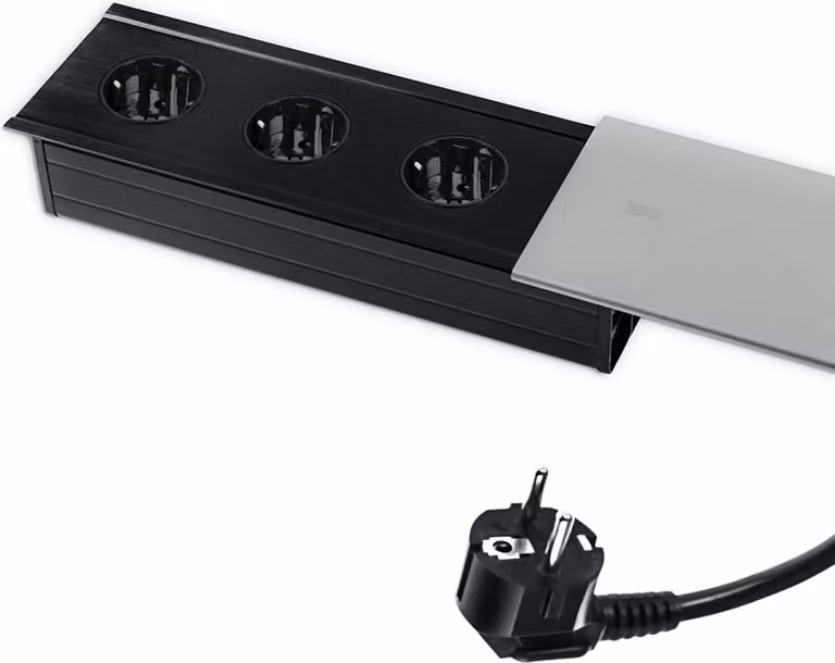 Presa di corrente da tavolo Presa di corrente multipla retrattile in metallo 3X Schuko, cavo da 1,5 m con spina. per scrivania, ufficio cucina, prolunga, presa per mobili, Spacetronik SPS-S33 argento