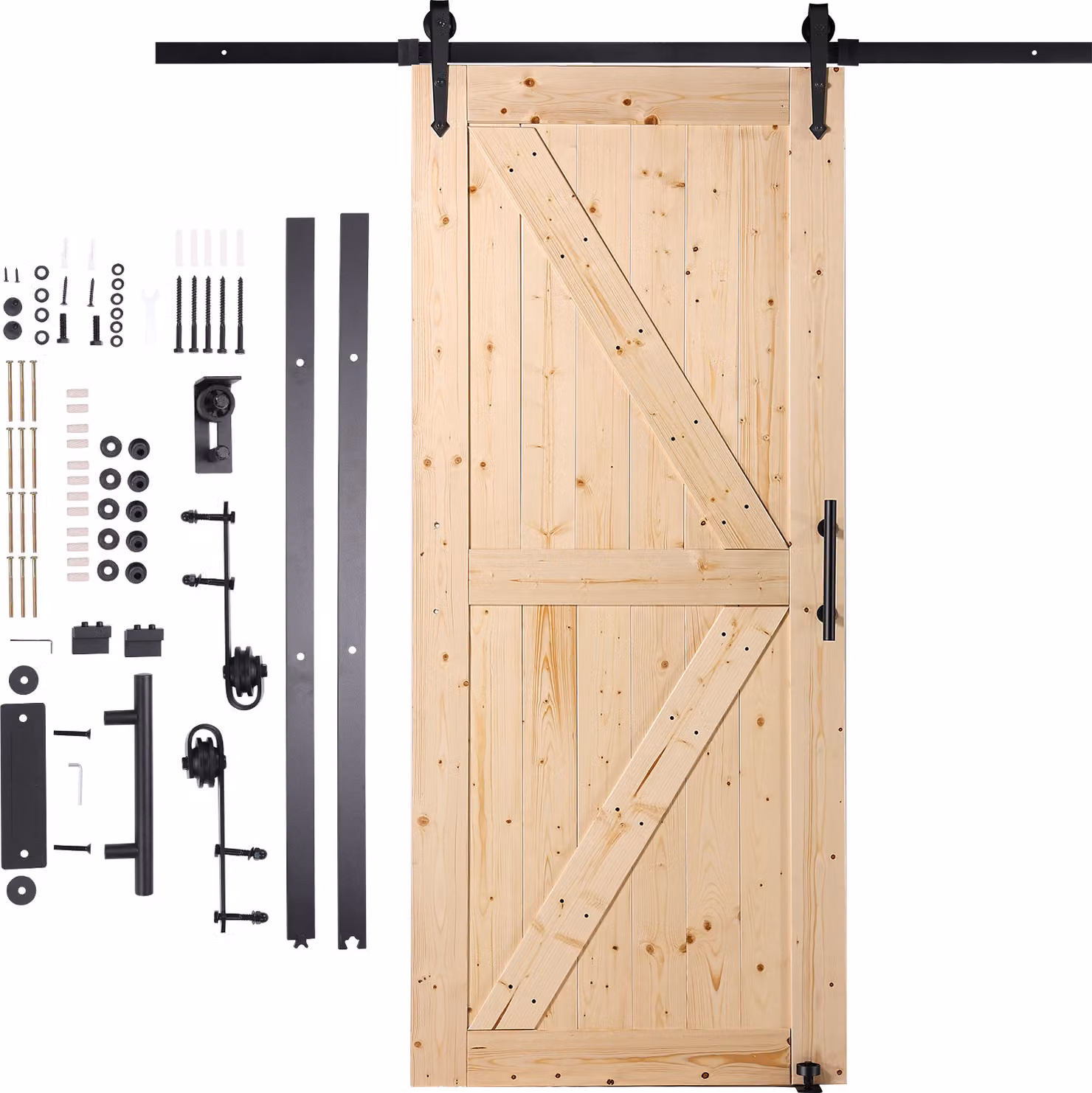 SucceBuy set di porte per fienili 36" x 84", porta scorrevole in legno, guida a pavimento e maniglia 8 in 1, pannello in legno di abete rosso, funzionamento fluido e silenzioso, facile da installare, adatto a casa e ufficio