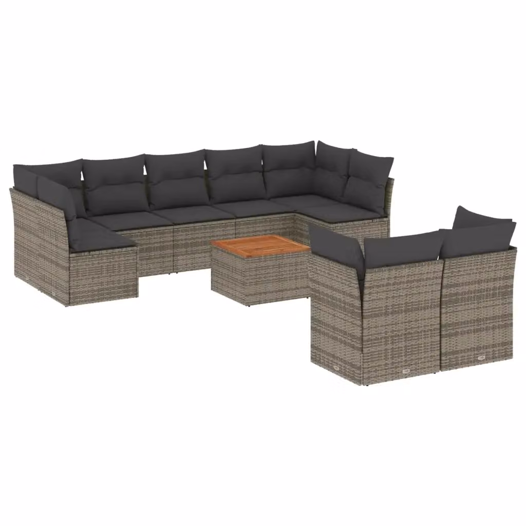 vidaXL Set Divano da Giardino 10 pz a Forma a L con Cuscini e Tavolino, Polyrattan e Acciaio, Grigio e Marrone – 2
