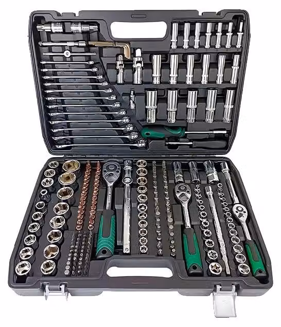 Set di chiavi a bussola, 216 pezzi, con attacchi da 1/4 di pollice, 3/8 di pollice e 1/2 di pollice, e chiave a cricchetto a 24 denti