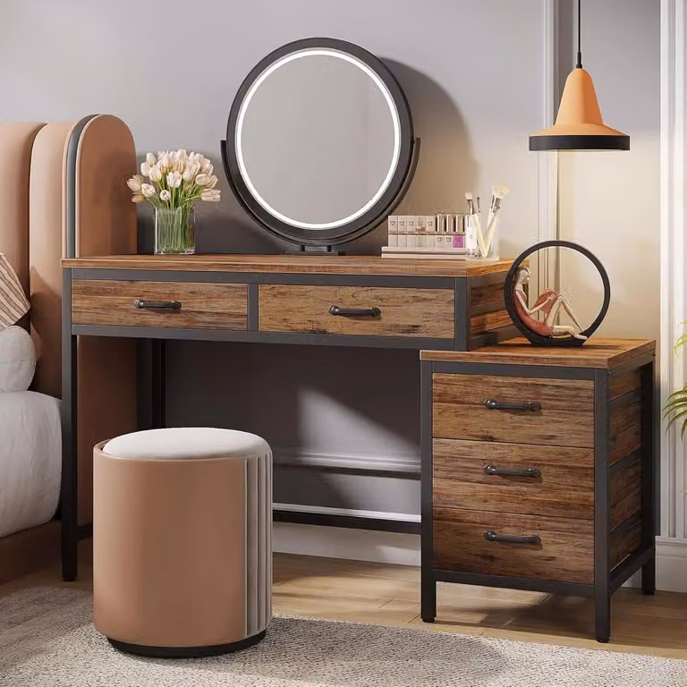 Comò da trucco - Tavolino da trucco - Tavolino per la bellezza - Comò - Comò con specchio - Legno marrone - 5 cassetti + cassetto laterale