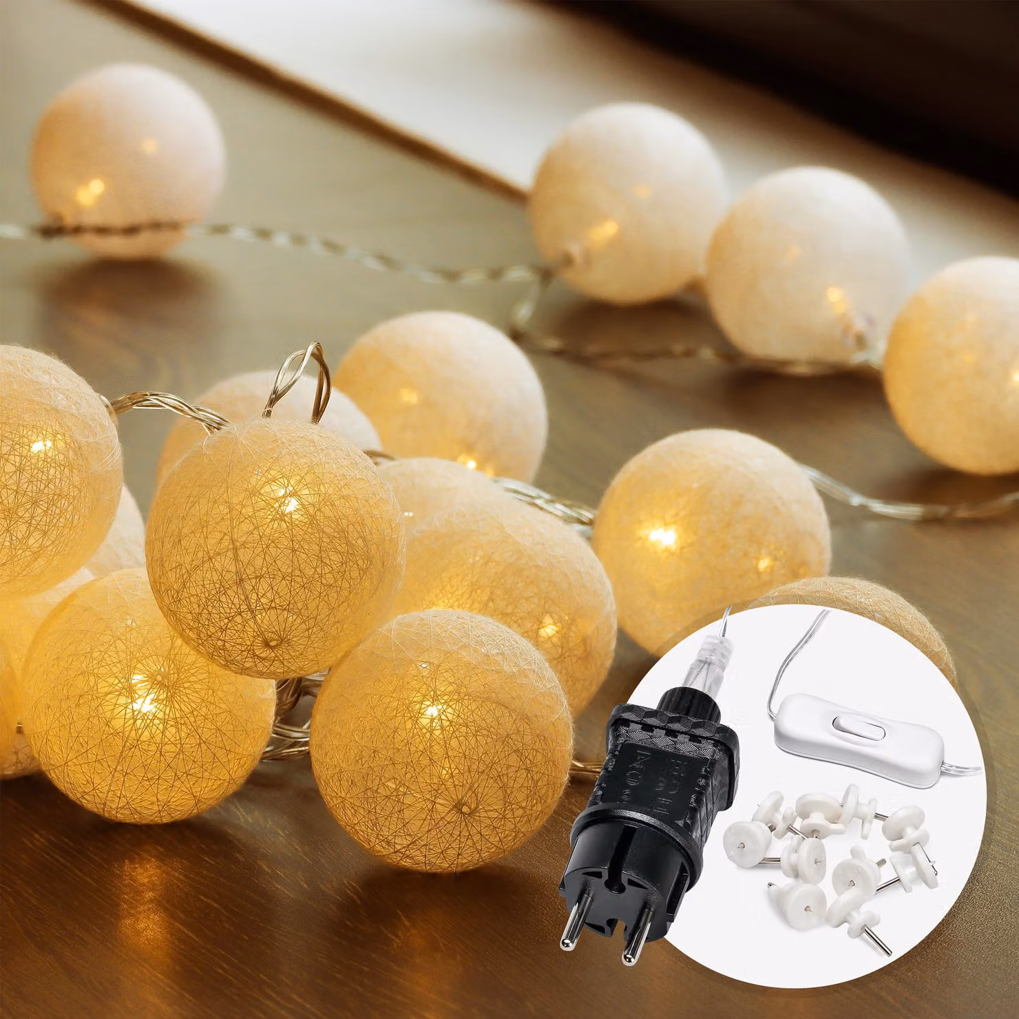Catena luminosa con 20 lampadine a LED, lunghezza 6 metri, luce bianco caldo, realizzata in cotone