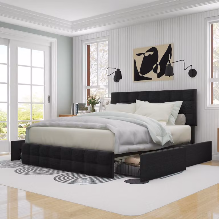 Letto imbottito Flieks 140x200cm letto matrimoniale con cassetti e rete a doghe, letto contenitore letto funzionale letto in legno letto matrimoniale letto per ragazzi, materiale lino, nero