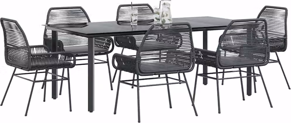 Set Pranzo da Giardino 7 pz Nero con Cuscini Polyrattan Vetro