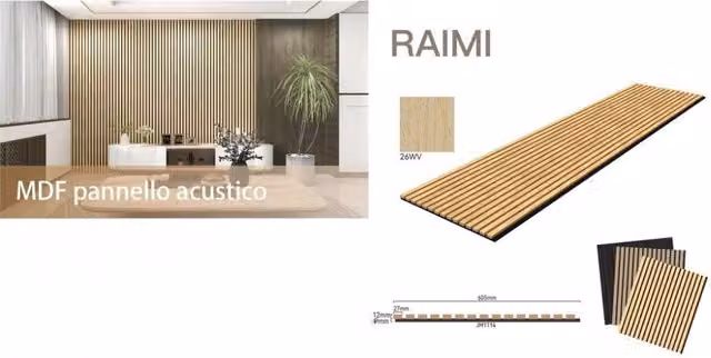 Pannello Acustico Fonoassorbente a Doghe Raimi in MDF Effetto Rovere Marrone L/P/H: 600 x 21 x 240 cm
