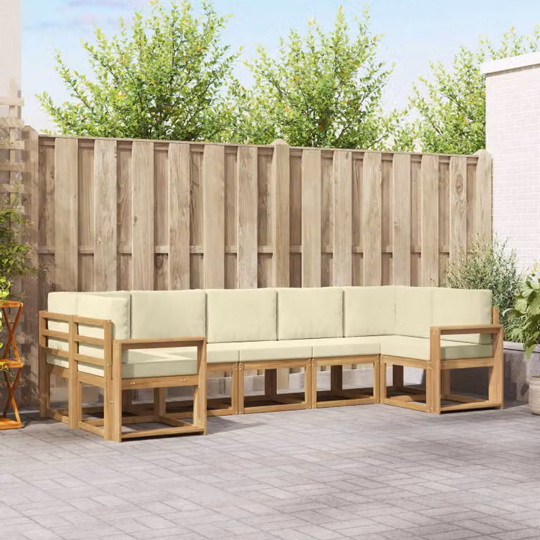 vidaXL Set di divani da esterno a L in legno di acacia con cuscini, Bianco, Beige e Marrone