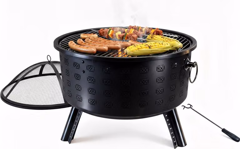 Braciere Relaxdays, HxØ 62 x 66 cm, con griglia, parascintille e attizzatoio, braciere da giardino, braciere, nero