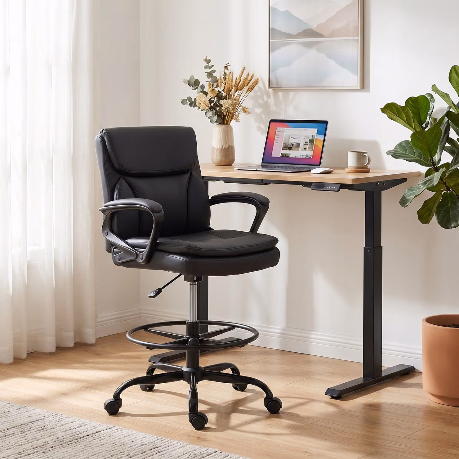 Sedia da ufficio girevole HOMCOM in finta pelle nera con schienale alto, braccioli e altezza regolabile per studio e home office – 2