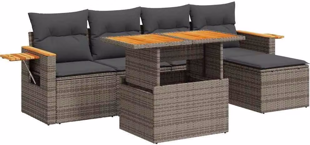Set Divano da Giardino 6pz con Cuscini Grigio Polyrattan Acacia