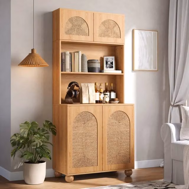 Credenza alta WISHDOR con ante in rattan e finitura opaca, colore beige e marrone, struttura in MDF e legno, H: 180 cm, L: 80 cm, P: 40 cm