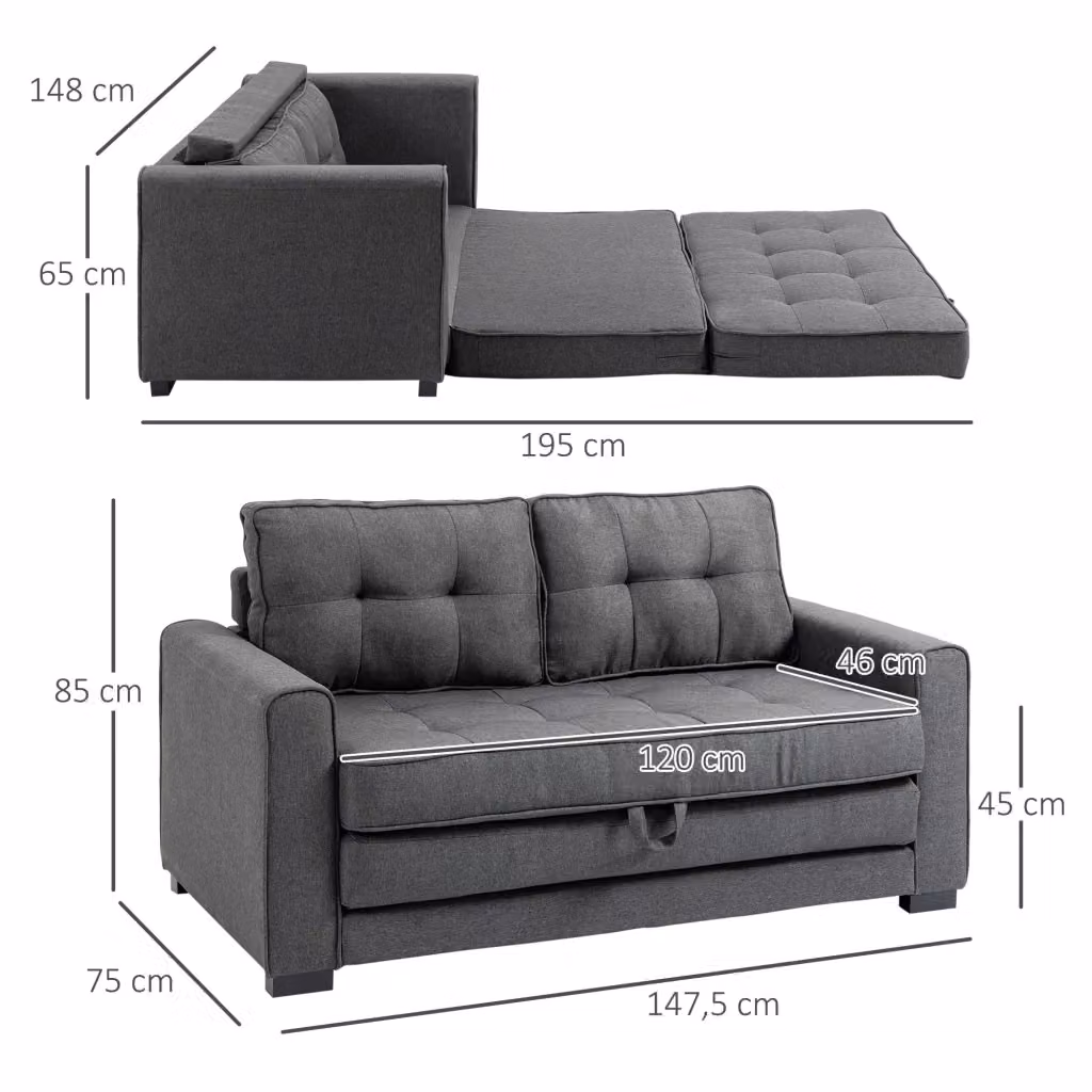Divano letto 2 posti WISHDOR in tessuto grigio con struttura in legno massiccio e funzione letto a cassetto estraibile – 2