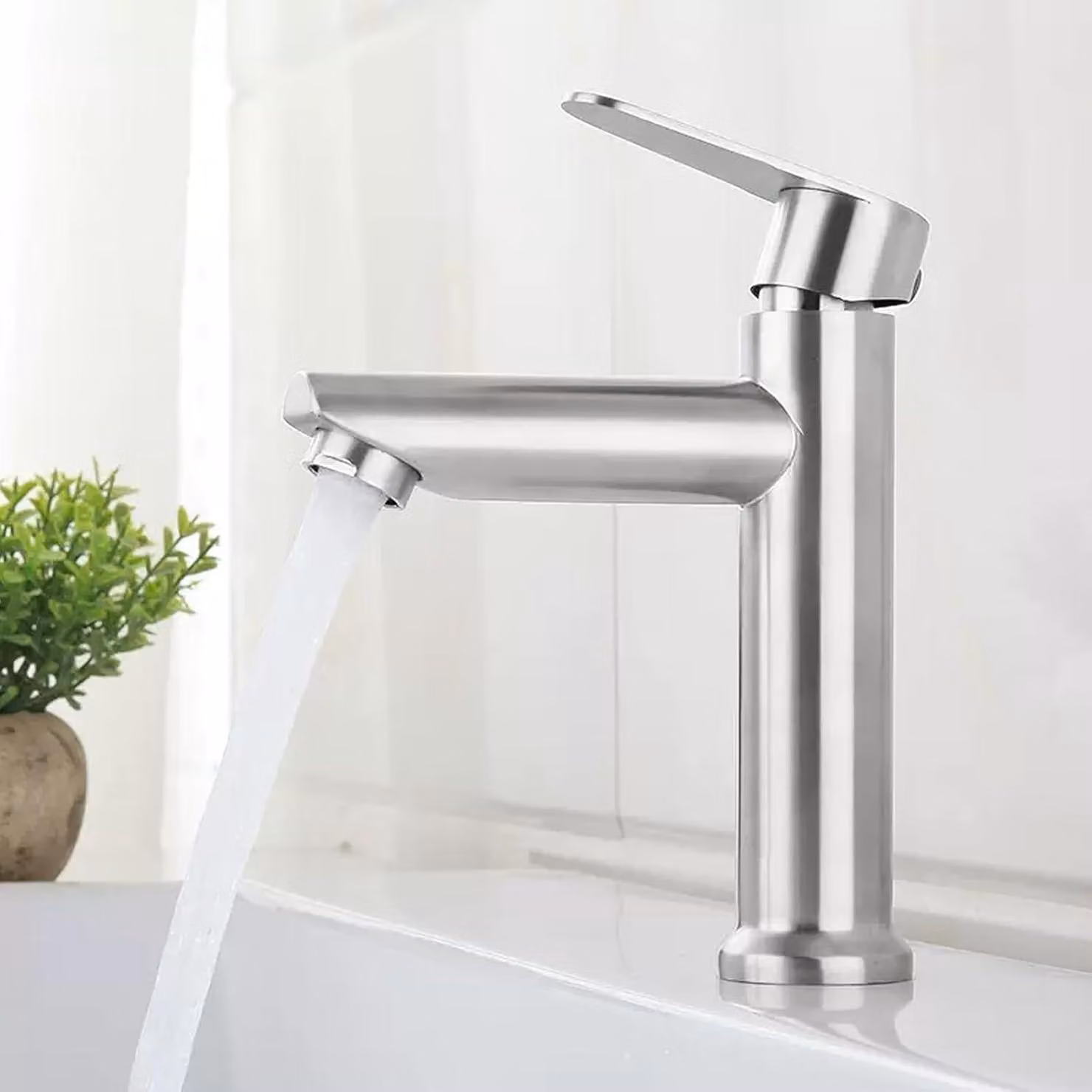 Miscelatore lavabo - Acciaio inox - Risparmio idrico, senza gocciolamento - Spazzolato - Monocomando