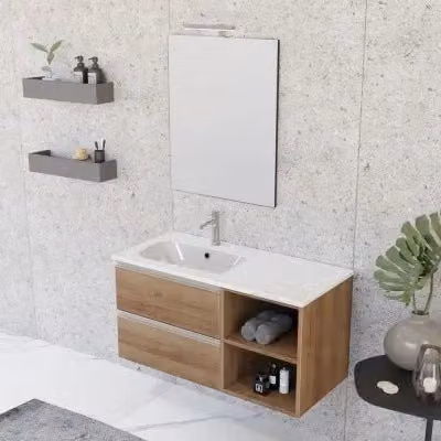Mobile bagno sospeso Inbagno Master in rovere color marrone con lavabo a sinistra, cassetti, vani a giorno e specchio con illuminazione LED, Larghezza: 100 cm – 1