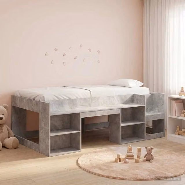 Letto Singolo Rialzato per Bambini vidaXL con Ripostiglio Laterale in Legno MDF Grigio L/P/H: 200 x 120 x 100 cm – 1