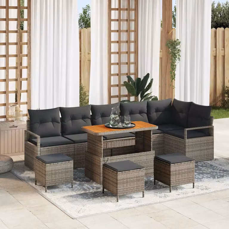 Set Divano da Giardino L-Shape vidaXL 10 Pezzi Grigio con Cuscini e Tavolino