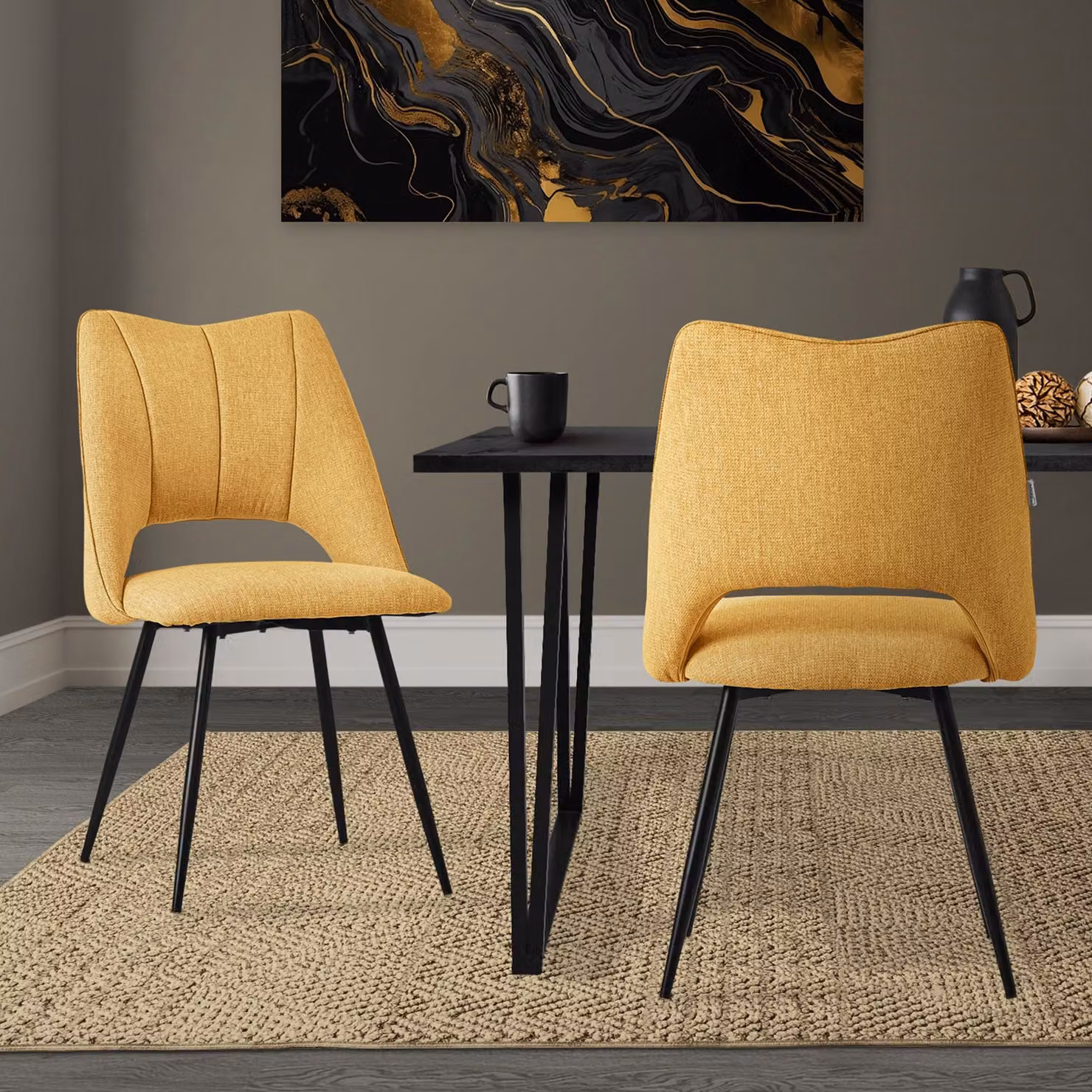 Set di 2 sedie da pranzo ML-Design giallo senape, seduta in poliestere con gambe in metallo nero, sedie da cucina con schienale