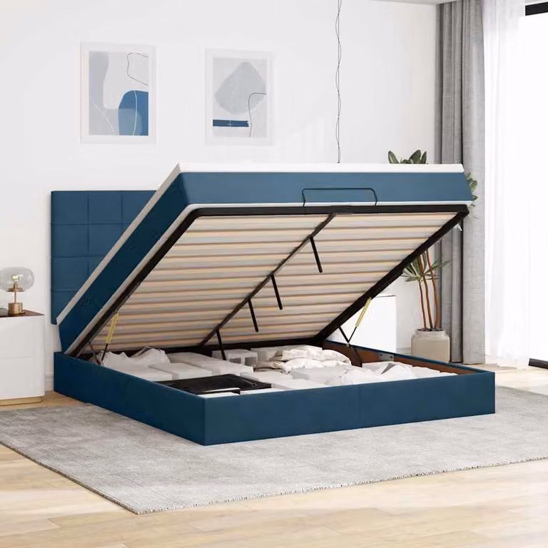 Letto con contenitore e materasso vidaXL in velluto blu, con base a sollevamento, illuminazione sottostante e porta USB, L/P/H: 160 x 200 x 128 cm