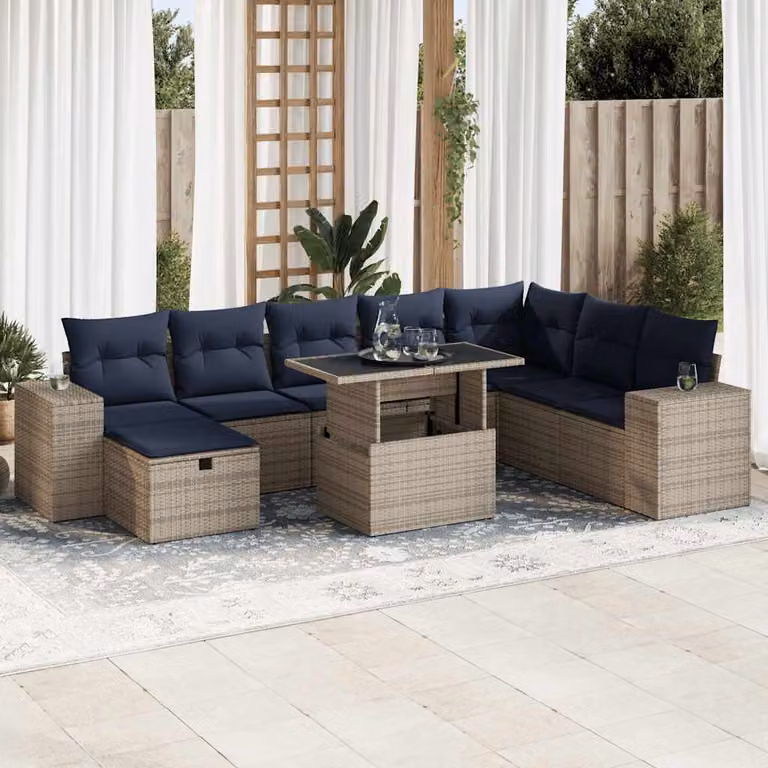 Set di divani da giardino vidaXL 9 pz con cuscini marrone in rattan e struttura in metallo con tavolo da caffè e pouf