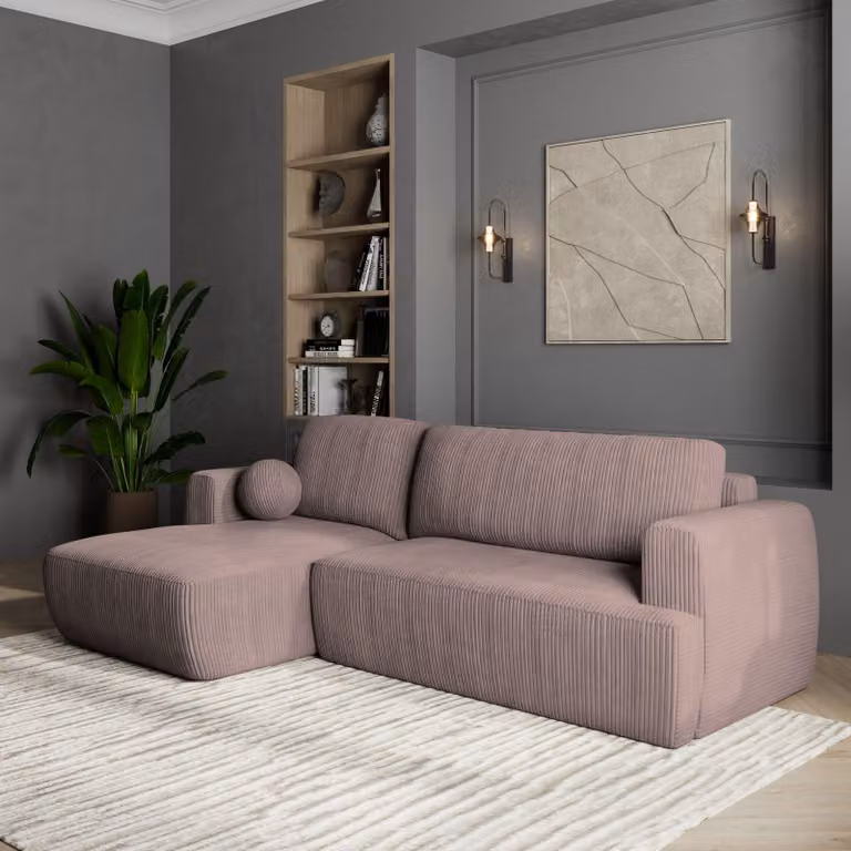 Divano angolare SENTI P L-S di Masseno con funzione letto a L, divano con box letto, divano da soggiorno, divano, divano letto, set di divani - viola, POSO 130