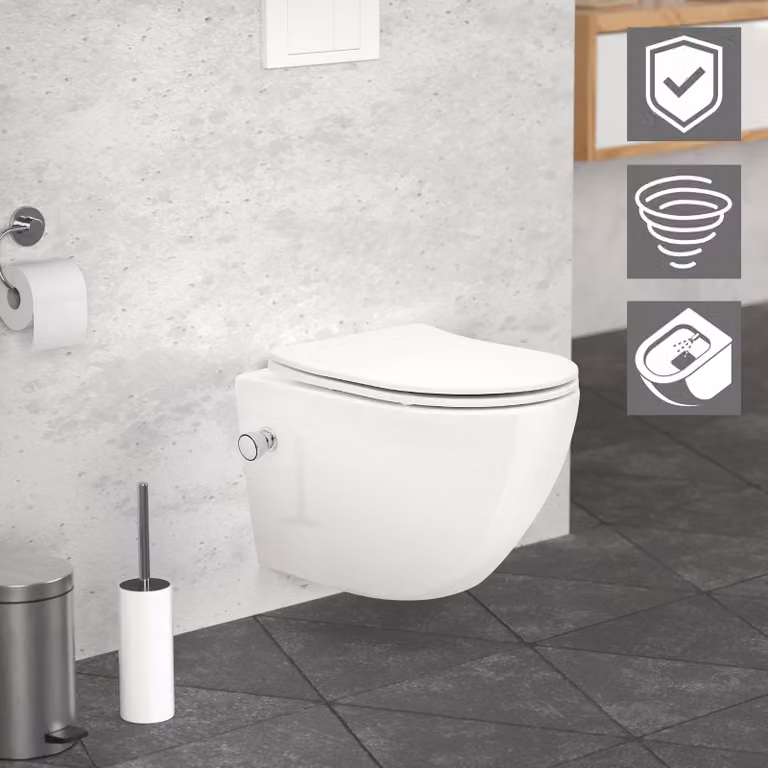 LuxeBath WC sospeso senza bordo con funzione bidet, bianco, corto, a filo tornado, con nano rivestimento