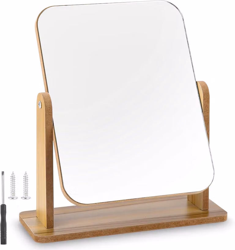 Specchio da tavolo in legno, 25 x 22 cm, girevole a 360 gradi, ideale per il trucco