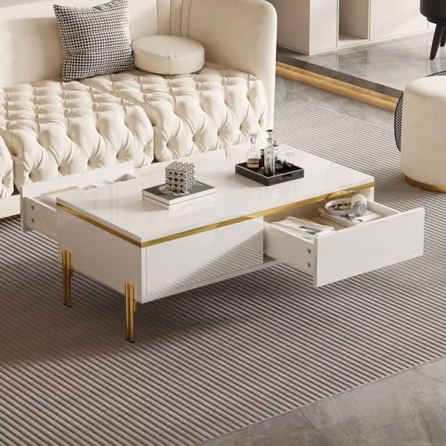 Tavolino basso fisso con cassetti su entrambi i lati in pannello di particelle bianco lucido 100 × 50 × 36 cm