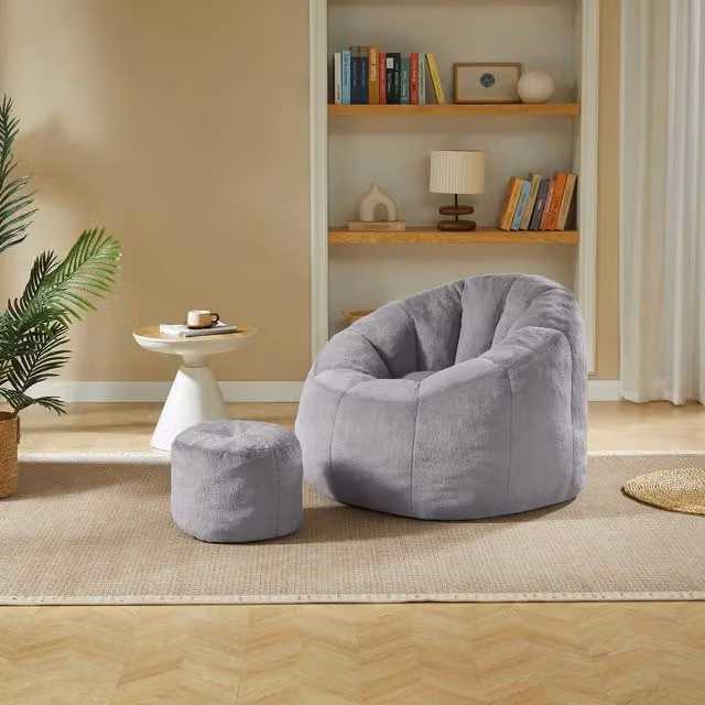 Poltrona sacco a fiore grigia con poggiapiedi in schiuma L: 105 cm, P: 105 cm, H: 70 cm