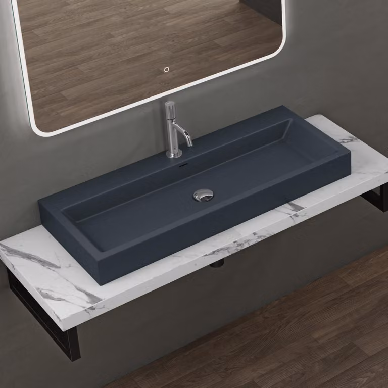 doporro Lavabo da Appoggio Rettangolare, Lavabo Bagno Sospeso con Foro Rubinetto e Troppopieno, Lavandino in Marmo Resina Antracite Opaco 100x42x10cm, Colossum06