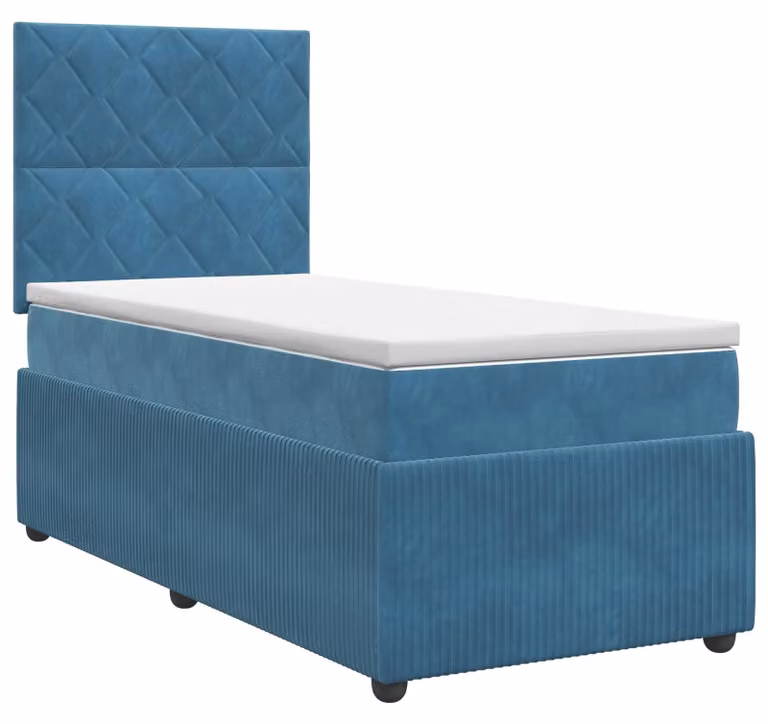 Letto boxspring con materasso e testiera blu, 100 x 200 cm, in velluto