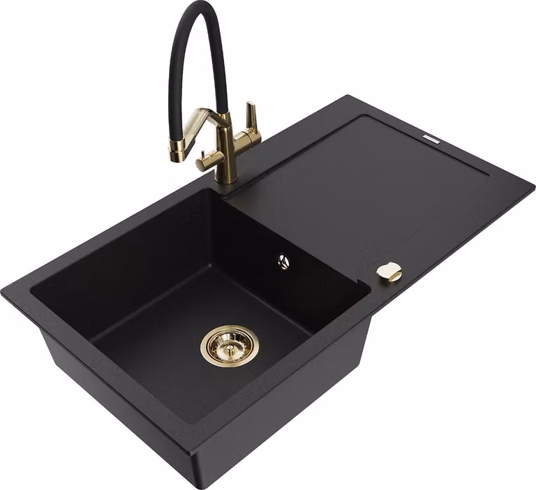 Mexen Leo lavello da cucina in granito a 1 vasca con scolapiatti e miscelatore Duo, nero - 6501-77-671701-57-G