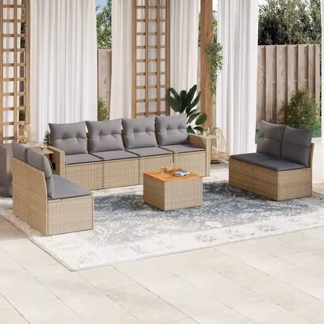 vidaXL Set Divano da Giardino 9 pz a forma di U in Polyrattan con Cuscini Beige e Grigio