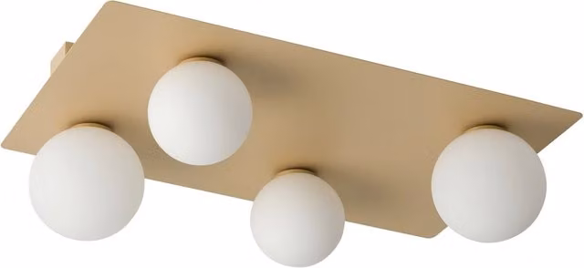 Plafoniera Argon Sigma Lighting oro e bianca con 4 sfere in vetro, design rettangolare moderno, attacco G9