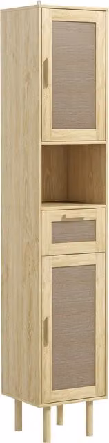 Mobiletto colonna bagno HOMCOM in stile boho con ante in rattan e cassetto, colore rovere, L/P/H: 32 x 30 x 170 cm