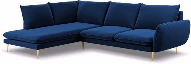 Divano angolare sinistro Vienna di Cosmopolitan Design in velluto blu reale da 6 posti con struttura in metallo L/P/H: 275 x 185 x 95 cm – 1