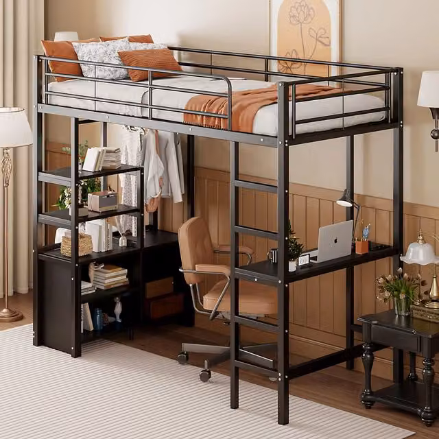 Letto a soppalco singolo 90 × 200 cm con scrivania, presa USB, ripiani e armadio aperto, senza materasso, nero
