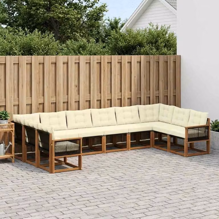 Set di divani da esterno vidaXL 10 pezzi a forma di U in legno di acacia con cuscini beige e bianchi