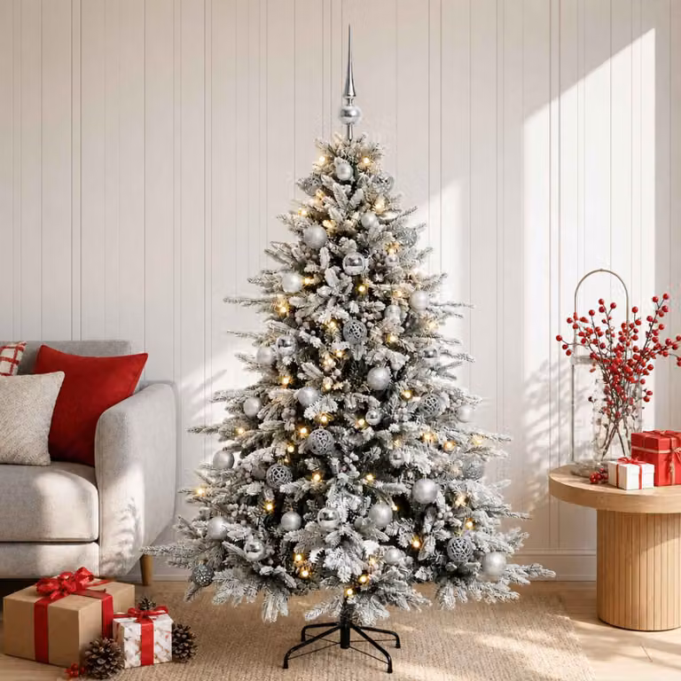 Albero di Natale artificiale moderno vidaXL verde con 150 LED bianco caldo e decorazioni bianche, Altezza: 120 cm