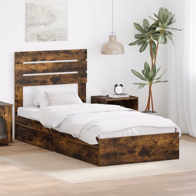 Letto con contenitore e cassetto vidaXL in rovere fumé L/P/H: 90 x 190 x 93 cm