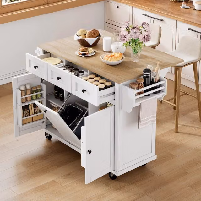Carrello da cucina con piano estraibile vano rifiuti e ruote per cucina in MDF e PB bianco 112 × 46,2–76,2 × 92,7 cm