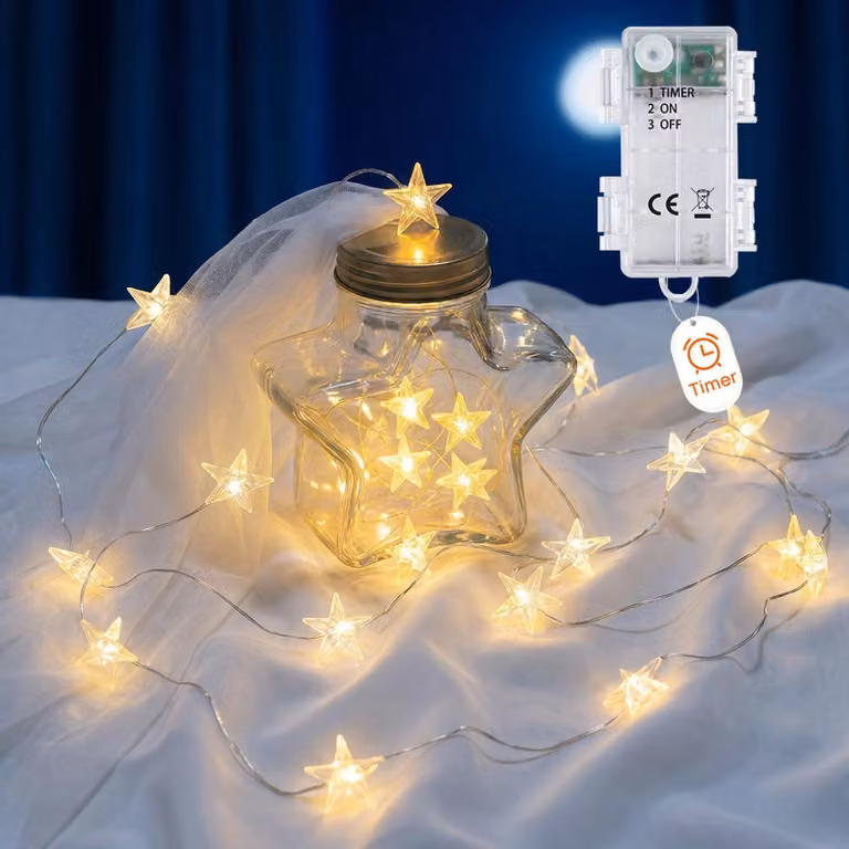 Catena luminosa a LED, 2 metri, 20 LED, alimentazione a batteria, timer, grado di protezione IP65, luce bianco caldo