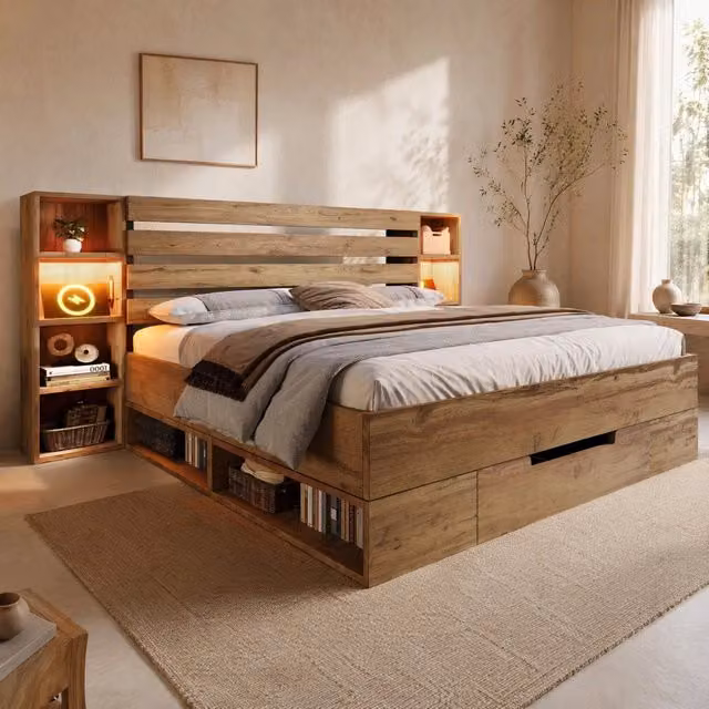 Letto matrimoniale 180x200 cm in legno e metallo con LED; USB e Type-C; colore rovere