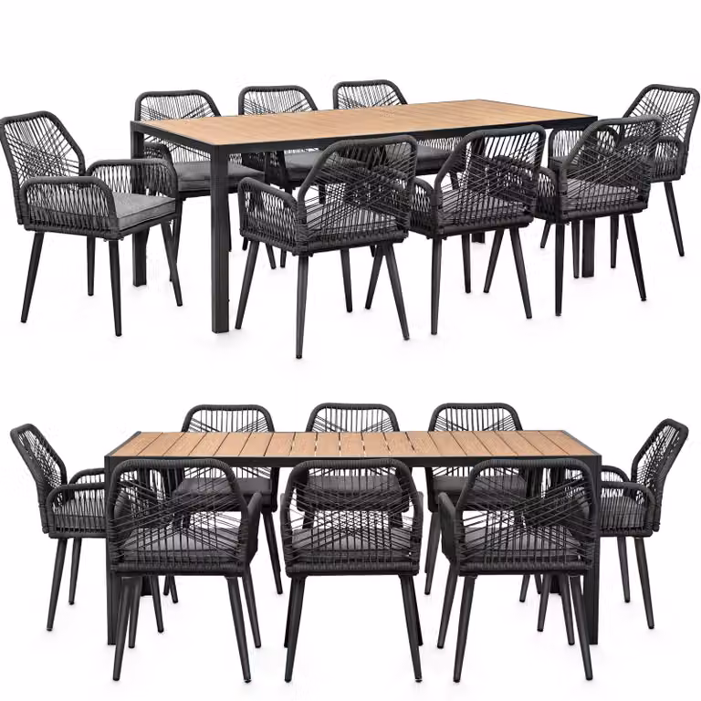 Gruppo da giardino con tavolo e 8 sedie - resistente alle intemperie - rete in corda - tavolo da pranzo in WPC - cuscini di seduta - gruppo da pranzo per esterni - antracite/grigio