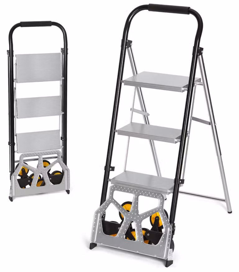Ikodm: Carrello per scale 2 in 1, scala pieghevole, carrello per sacchi pieghevole, carrello trasportabile con 3 gradini, capacità 80 kg