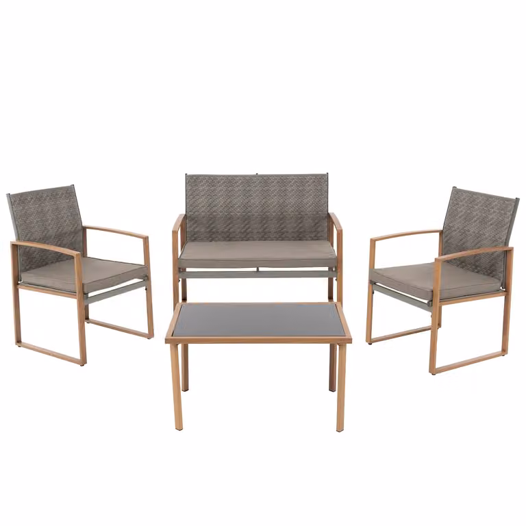Vestiamo Casa Giardino Set da giardino moderno 4 pezzi in metallo e rattan con piano in vetro, colore grigio e marrone