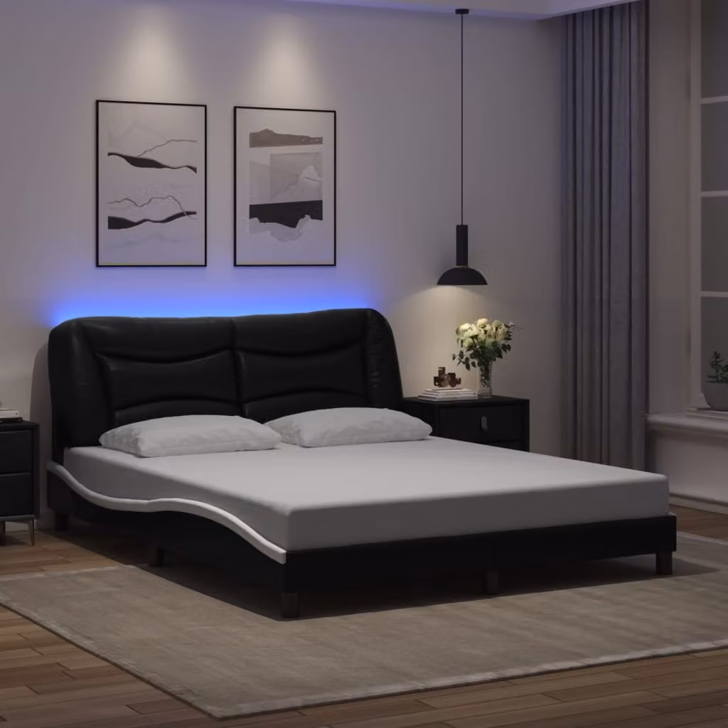 vidaXL Giroletto Hvar Moderno con LED e Porta USB, Nero e Bianco, L: 160 cm, P: 200 cm, H: 74,5 cm – 1