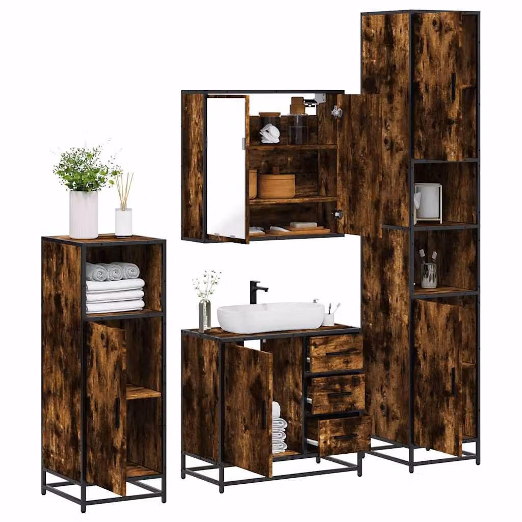Set di mobili da bagno industrial vidaXL in legno e metallo marrone composto da 4 pezzi con armadietto specchio, mobile lavabo, mobile laterale e colonna alta