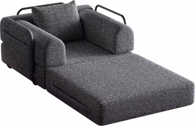 Divano letto singolo in chenille con vano portaoggetti e struttura in metallo