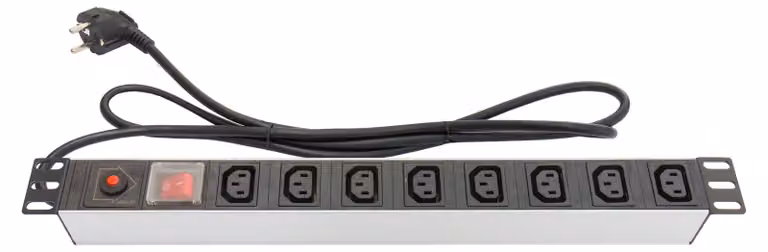 Presa di corrente 48,30 cm (19"), 1U, spina Schuko a 8x presa C13 IEC (10A), con interruttore, ÜSS, profilo in alluminio