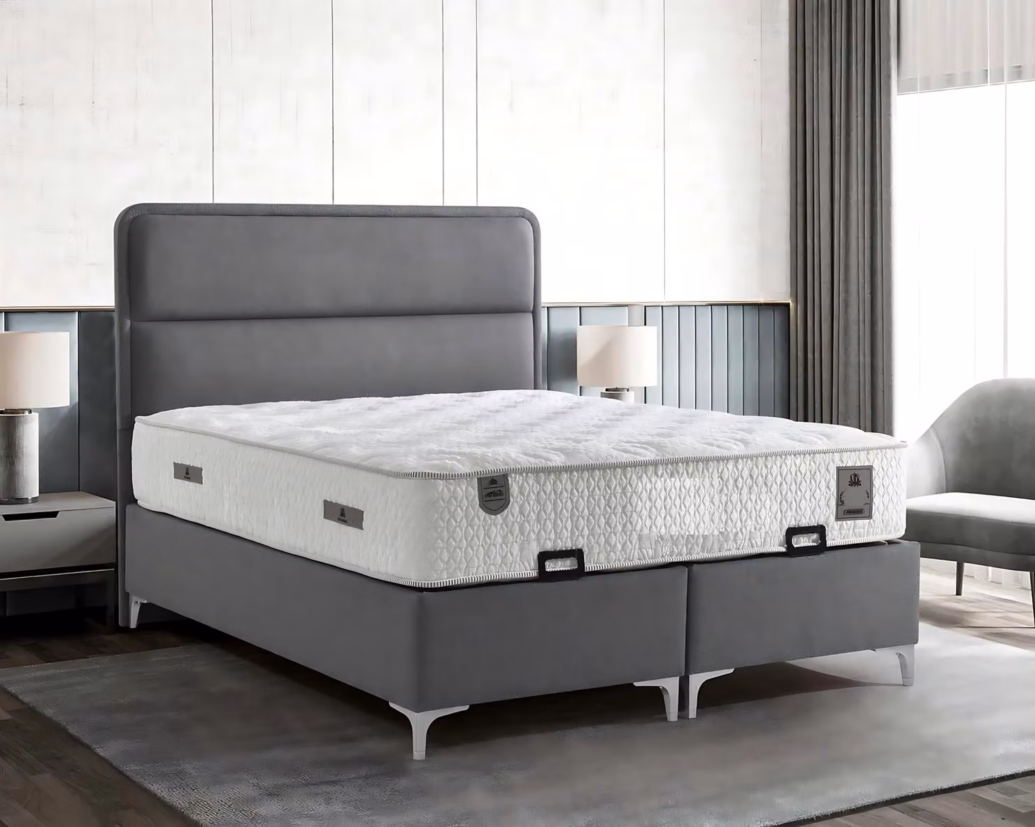 Modernes graues Bett mit Matratze aus Textil und Holz