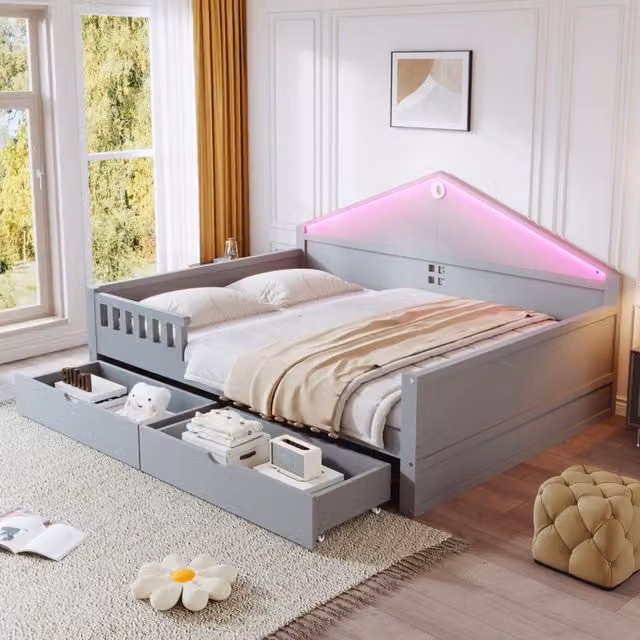 Letto 140x200 cm con due cassetti; luce LED e rete a doghe; grigio